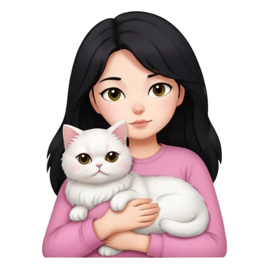 Black layered hair girl pink shirt snuggling only one white Persian cat sticker