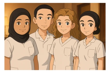 Four nursing students side by side in a warm indoor ambiance, wearing white short-sleeve uniform tops resembling medical tunics with V-neck collars and left chest pockets, no stand-up collars, no hijabs or undergarments beneath the tunics, no stethoscopes. Each student has the face from the provided portraits, styled in Ghibli style, group composition, variation 3. sticker