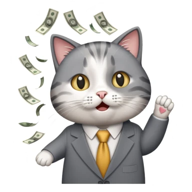 A business cat with money raining down, looking surprised sticker