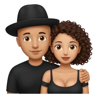 A picture of a tanned couple embracing. the guy is Mexican, with a bald hair cut and he has a hat on. The girl is mixed, the girl is wearing a youblack shirt, the girl has brown curly big hair and the girl has big boobs  sticker