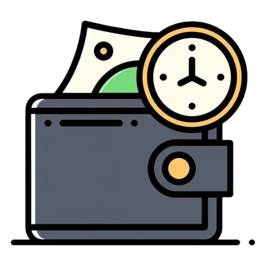 black wallet with dollars visible inside and a small clock in top right corner positioned over the wallet sticker