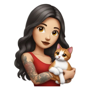 young tattooed woman with  brunette long hair holding a red and white cat in her hands sticker