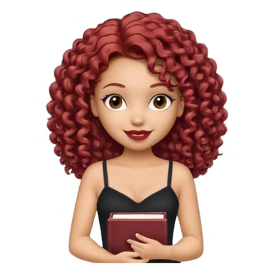 generate a pretty bratz girl curly dark red hair, brown lipstick on, smiling. Book in hand, wearing a black cami top. sticker