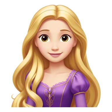 Cinematic Radiant Rapunzel Portrait Emoji, rendered in a flat vector style with clean proportions. Show Rapunzel with a gentle smile, fair, glowing skin, and her iconic long golden hair cascading softly, wearing a simple, elegant purple dress. The image radiates a warm, enchanting glow, high shine, and is accentuated by a soft glowing outline. sticker