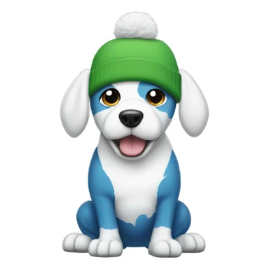 White dog with green beanie with a frog on the beanie, the dog is white, and also has a blue tanktop and baggy jeans, the dog is also standing up on its legs. sticker