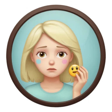 thoughtful tired woman looking in the mirror, gentle pastel tones, soft lighting, emoji style, symbolizes fatigue not ageing sticker