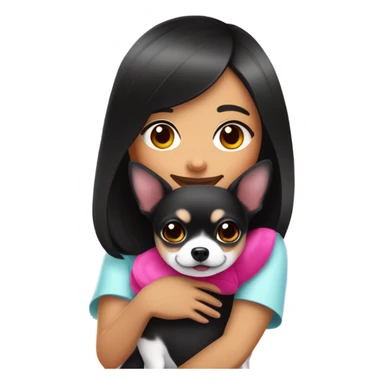 Thick medium black hair with hot pink smile and pink cheek Filipino lady hugging black and white Chihuahua  sticker