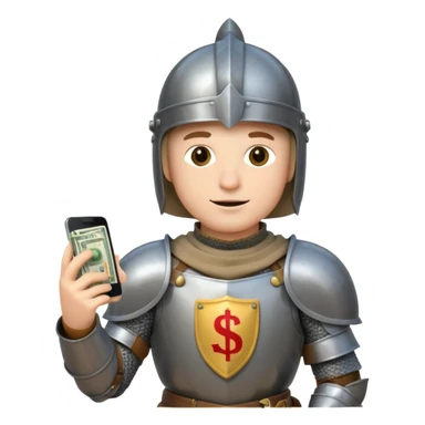 Knight with helmet holding phone and money sticker