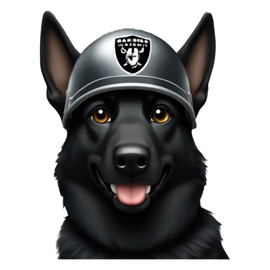 Black German shepherd wearing a raiders helmet  sticker