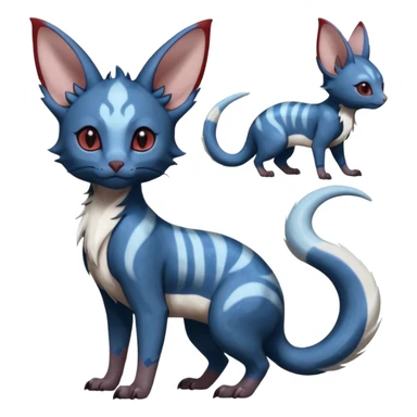 Dark Brown-Oily deep-blue-glittery Minccino-Lykoi-Emolga-Sphynx-Linoone-Zangoose-fusion-hybrid-animal-Fakémon-creature, full body, thin long sleek scaly tail, intricate markings sticker