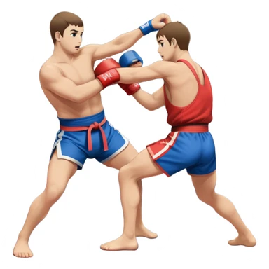 An icon symbolizing Sambo, featuring two fighters in blue and red kimonos with shorts. One executes a powerful throw, while the other attempts a defensive grab. The fighters are engaged in a grapple, using joint locks and sweeps. The background features a wrestling mat/ sticker