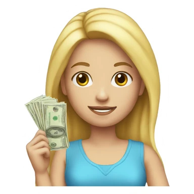 A blonde girl in a blue dress holding money sticker