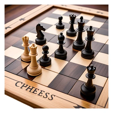 A chessboard with a few strategically placed pieces, including a king, queen, and pawns. The scene highlights the classic black and white squares of the board, emphasizing strategy and thoughtfulness in the game of chess. sticker