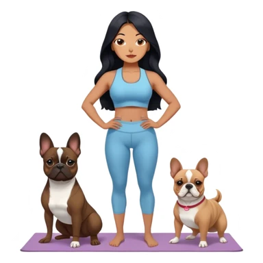 latin woman in a yoga outfit with long black hair standing alongside two French bulldogs  sticker