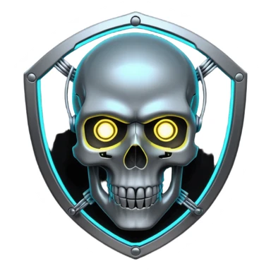 Cyberpunk shield, skull with cybernetic implants, glowing wires, dark electric silver and black tones, no background sticker