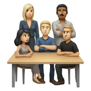 6 Caucasian people sitting around a table looking unhappy sticker