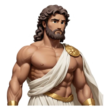 Cinematic Realistic Hercules Portrait, depicted as a classical Greek statue with a robust, muscular build and perfectly chiseled features. His bronze, sun-kissed skin has a timeless, marble-like quality, and his thick, wavy dark hair frames a face exuding determination and quiet nobility. Draped in a flowing white robe with subtle golden accents, the portrait is rendered under dynamic natural lighting that highlights every sculpted detail and evokes the majesty of ancient myth. sticker