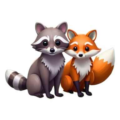 Collage of a raccoon and a fox, in close-up, surrounded by a colorful forest with rich green trees, thick bushes, and vibrant foliage. Sunlight peeks through the branches, casting warm light on the animals. A lively, natural setting with a transparent background. sticker
