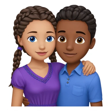 Boyfriend who is medium tan olive skinned with blue eyes and wavy straight brown hair in a blue shirt and his girlfriend who is dark skinned, juicy lipped with black braided hair and the two are hugging and smiling she’s wearing purple and she has black eyes sticker