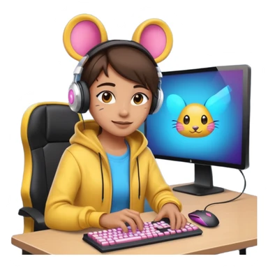 Real emoji gamer. Lighting in front of him, gaming screen wearing gaming headphones and eraser with gaming mouse and keyboard full of LEDs and beautiful clothes  sticker