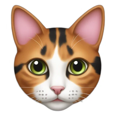 young striped calico cat face with a pink nose, white chin, green eyes, and orange/brown markings, orange tip on one ear sticker