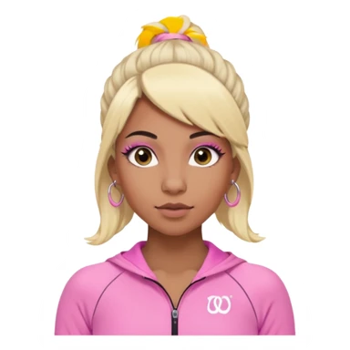 crée moi une jeune adulte brownskin au yeux brider marron foncer et une perruque blonde avec des baby hairs , un ensemble lululemone rose percing au nez et les oreilles remplis un petit full face de londonniennes des gros faux cils bien charger  sticker