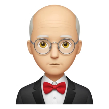 Yellow-skinned animated man. Bald on top with thin gray hair at the sides. Large round white eyes with black pupils. Wears round glasses. Pointed nose. Visible suit lapels, white shirt collar, and bow tie at the neck. sticker