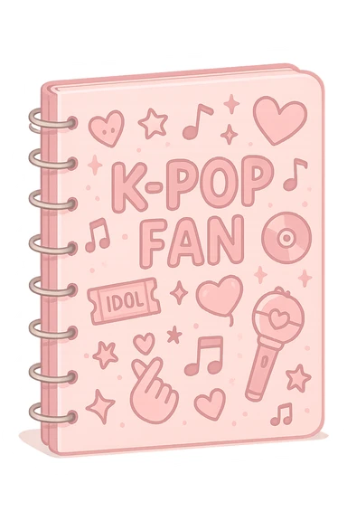 pink kpop fan notebook with doodles, cute and trendy sticker