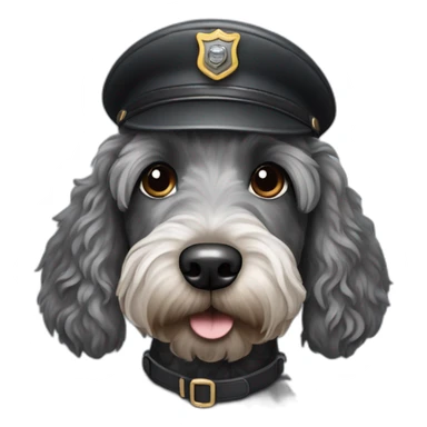 black and grey labradoodle dog's face with short ears and a long nose wearing a pilot cap sticker