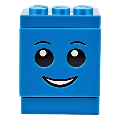 A single blue Lego-style brick with a cute smiling face sticker