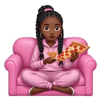 A dark skinned black girl with black box braids eating pizza, on a pink couch in comfy outfit sticker