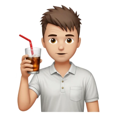 Handsome male.short messy brown hair.mowhawk hairstyle. wearing white golf shirt.grey shorts. Drinking brandy and coke . Drunk. No straw sticker