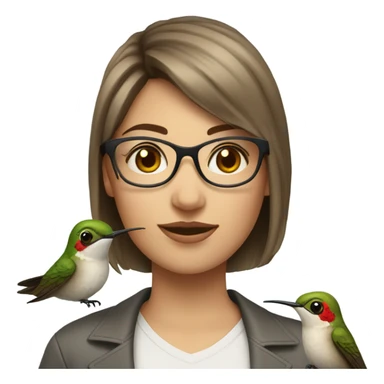 Girl pale , brunette, with short hair, wearing glasses with a hummingbird next to her sticker