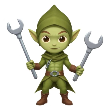 short green goblin, hold a wrench, brown cloth, cute chibi full body sticker