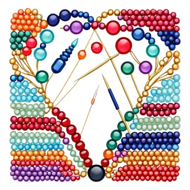 Create a harmonious and well-composed icon that represents the hobby of beadwork. The design should feature colorful beads, thread, and a beading needle or tool in a balanced arrangement. The elements should flow naturally, reflecting the creativity and precision of the craft. Ensure the composition is clean and aesthetically pleasing, with vibrant yet balanced colors. The background should be transparent. sticker