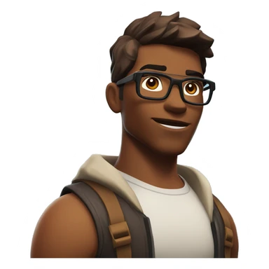  A tall, bespectacled, muscular and strong young man, deep-set eyes, round face, with dark brown hair and a brown skin tone, portrayed in the style of a Fortnite character rederend in the style of a fortnite character sticker