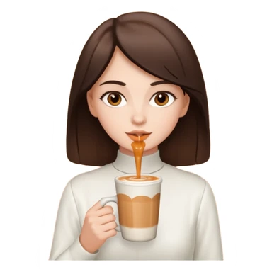white brunette with brown eyes and a white outfit, drinking a caramel machiatto sticker