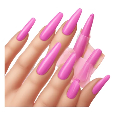long acrylic fingernails pink nail polish, palm of hand, fingers folder over showing nails sticker