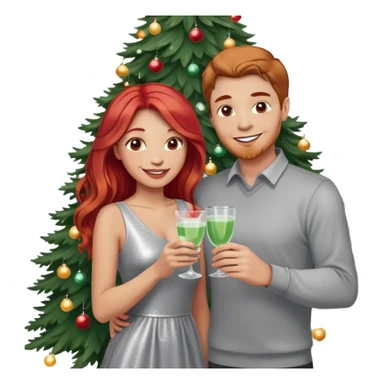 Couple at a Christmas party. The man has short light brown hair, light skin, and is wearing a light gray shirt, holding a drink. The woman has long red hair, light skin, wearing a shiny silver dress, smiling and standing close to the man. Christmas tree with lights in the background. Festive atmosphere. sticker
