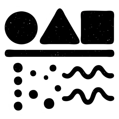 abstract minimalist solid icon of geometric shapes below a horizontal line, with abstract data streams of lines, dots, or waves, worn and distressed effect sticker