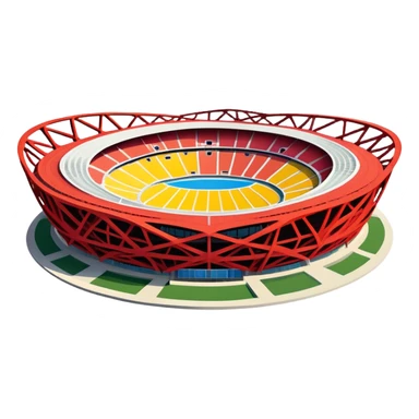 Beijing National Stadium Bird's Nest Olympic structure, simplified emoji style with bold outlines and bright colors, cartoon style modern nest-like building sticker