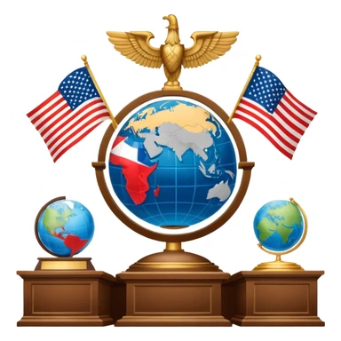 icon featuring podium with a speaker, russian and american flags, and voting ballots. The design includes a globe and scales of justice in the background, representing governance, global affairs, and political theory. Transparent background emphasizes civic engagement and policy. sticker