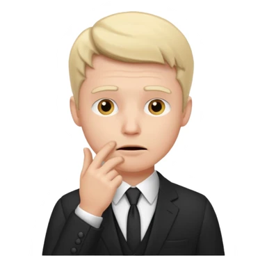 white man in formal suit thinking hard, hand to mouth sticker