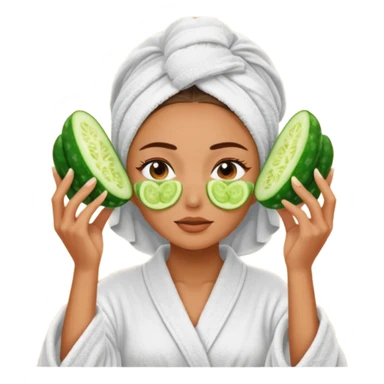 woman at the spa with cucumbers slices covering her eyes and tan skin tone with towel completely covering hair and robe on sticker
