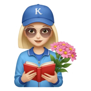 ["A happy girl with light skin, bald, wearing a baseball cap and sunglasses, dressed in K-pop fashion, is reading a book while holding a flower bouquet."] sticker