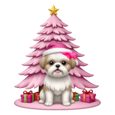 one little white all over shih tzu dog with pink santa hat with short hair sitting next to pink christmas tree sticker