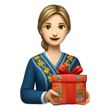 A female teacher in Ukrainian embroidery holds a gift in her hand sticker