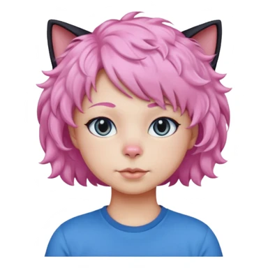 a Black cat wearing a short curly pink hair wig, blue T-shirt sticker