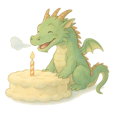 happy dragon blowing out 1 candle on cloud cake, soft ghibli style sticker