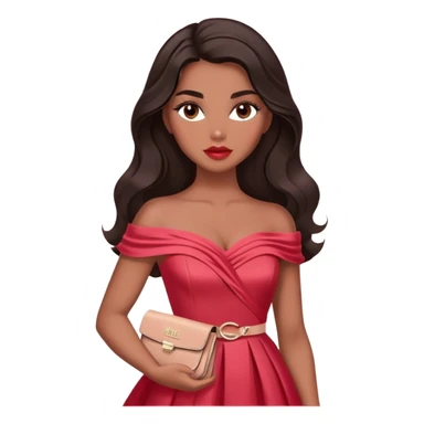 A woman with darker almond-toned skin, more voluminous dark hair in waves, expressive eyes with soft lashes and shimmer, full lips with a glossy nude-pink color, wearing a red dress and a white crossbody sash with “Miss San Juan” in black letters, exuding elegance and confidence sticker